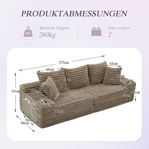 Canapé Compressé 273x98x87 Cm, Poche Latérale, Mousse, Velours Côtelé, Kaki