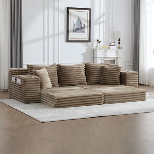 Canapé Compressé 273x98x87 Cm, Poche Latérale, Mousse, Velours Côtelé, Kaki