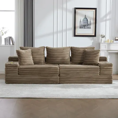 Canapé Compressé 273x98x87 Cm, Poche Latérale, Mousse, Velours Côtelé, Kaki