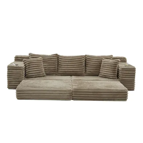 Canapé Compressé 273x98x87 Cm, Poche Latérale, Mousse, Velours Côtelé, Kaki