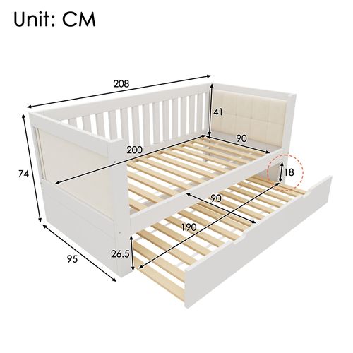 Lit Gigogne 90x200+90x190 Cm, Rangement Gain De Place, Bois, Couleur Blanc
