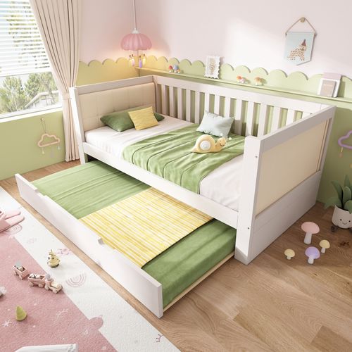 Lit Gigogne 90x200+90x190 Cm, Rangement Gain De Place, Bois, Couleur Blanc