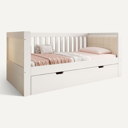 Lit Gigogne 90x200+90x190 Cm, Rangement Gain De Place, Bois, Couleur Blanc