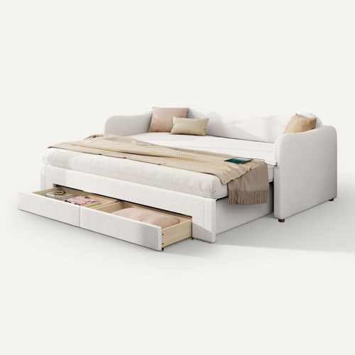 Lit Gigogne 90x200 Cm, Extensible 180x200, 2 En 1, 2 Tiroirs De Rangement, Tissu Bouclé, Beige