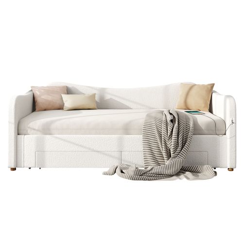 Lit Gigogne 90x200 Cm, Extensible 180x200, 2 En 1, 2 Tiroirs De Rangement, Tissu Bouclé, Beige