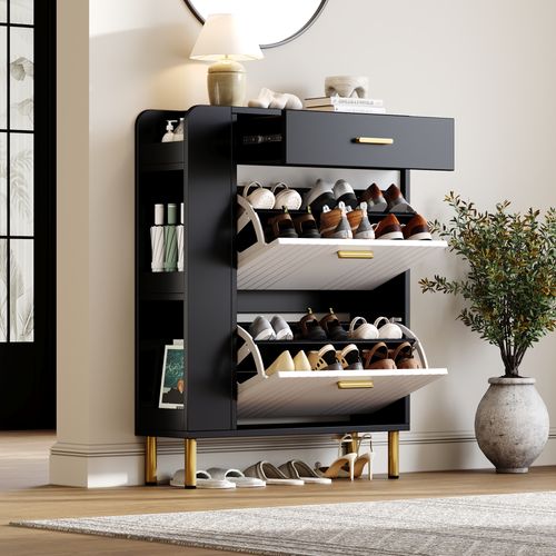 Meuble à Chaussures 80x24x105 Cm, 2 Portes Et 1 Tiroir, Panneaux De Particules, Noir Et Blanc