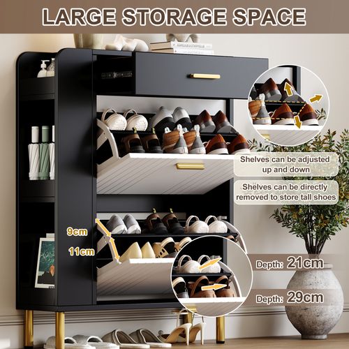 Meuble à Chaussures 80x24x105 Cm, 2 Portes Et 1 Tiroir, Panneaux De Particules, Noir Et Blanc