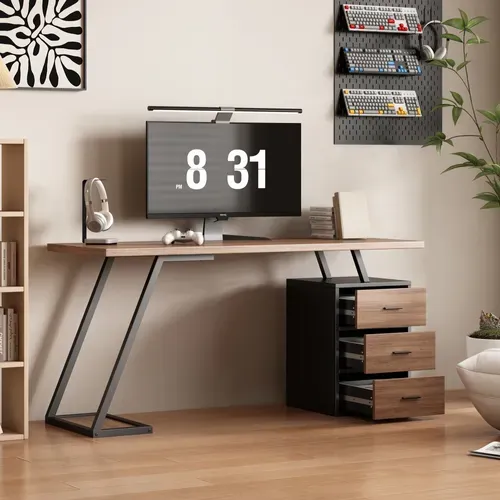 Bureau 138.5x58x75 Cm, 3 Tiroirs Soft Close, Mdf, Métal Noir, Marron Foncé