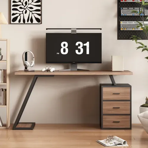 Bureau 138.5x58x75 Cm, 3 Tiroirs Soft Close, Mdf, Métal Noir, Marron Foncé