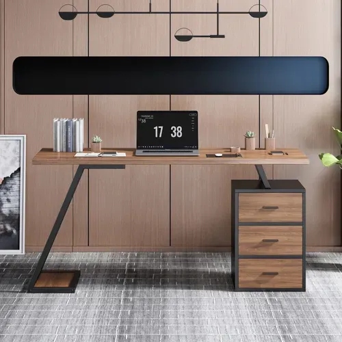 Bureau 138.5x58x75 Cm, 3 Tiroirs Soft Close, Mdf, Métal Noir, Marron Foncé