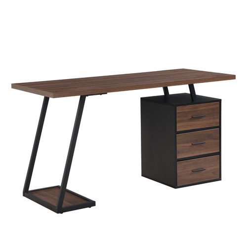 Bureau 138.5x58x75 Cm, 3 Tiroirs Soft Close, Mdf, Métal Noir, Marron Foncé