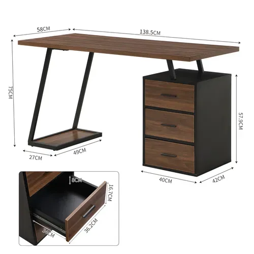 Bureau 138.5x58x75 Cm, 3 Tiroirs Soft Close, Mdf, Métal Noir, Marron Foncé