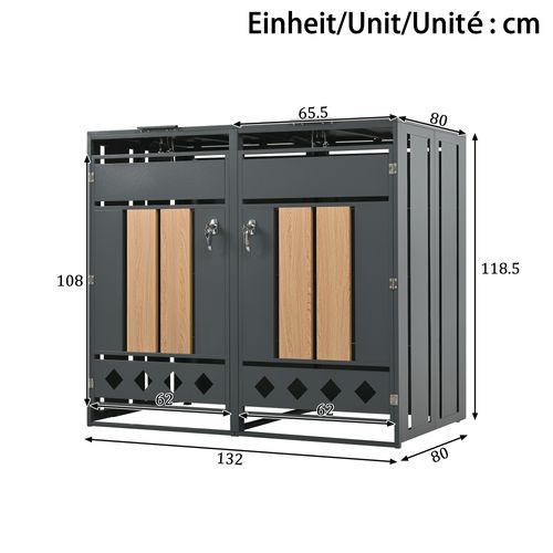 Coffre Poubelles Double 132x80x118.5 Cm, 2 Compartiments, Couvercle Hydraulique, Acier, Gris+bois