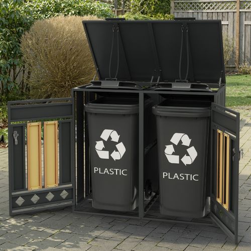 Coffre Poubelles Double 132x80x118.5 Cm, 2 Compartiments, Couvercle Hydraulique, Acier, Gris+bois
