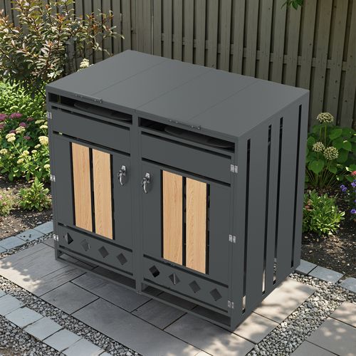 Coffre Poubelles Double 132x80x118.5 Cm, 2 Compartiments, Couvercle Hydraulique, Acier, Gris+bois