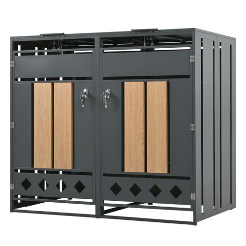 Coffre Poubelles Double 132x80x118.5 Cm, 2 Compartiments, Couvercle Hydraulique, Acier, Gris+bois