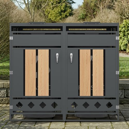 Coffre Poubelles Double 132x80x118.5 Cm, 2 Compartiments, Couvercle Hydraulique, Acier, Gris+bois
