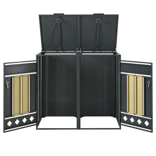 Coffre Poubelles Double 132x80x118.5 Cm, 2 Compartiments, Couvercle Hydraulique, Acier, Gris+bois