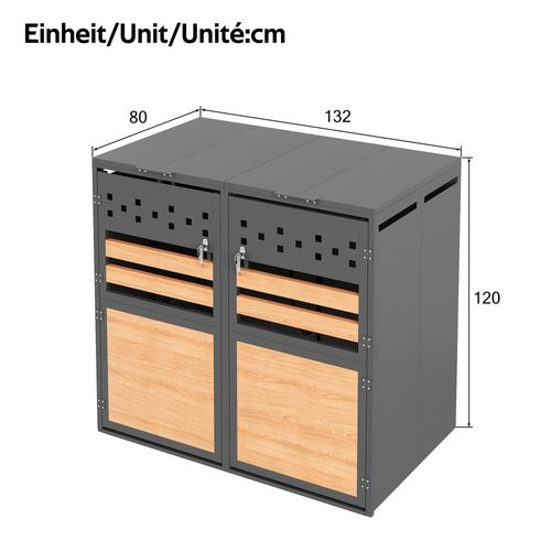 Coffre Poubelles 2 Bacs, 2 Compartiments, Couvercle Hydraulique Verrouillable, Acier, Gris Et Bois
