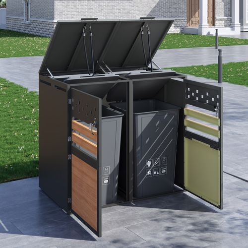 Coffre Poubelles 2 Bacs, 2 Compartiments, Couvercle Hydraulique Verrouillable, Acier, Gris Et Bois
