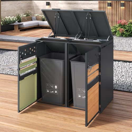 Coffre Poubelles 2 Bacs, 2 Compartiments, Couvercle Hydraulique Verrouillable, Acier, Gris Et Bois