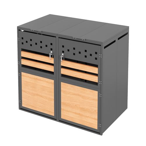 Coffre Poubelles 2 Bacs, 2 Compartiments, Couvercle Hydraulique Verrouillable, Acier, Gris Et Bois