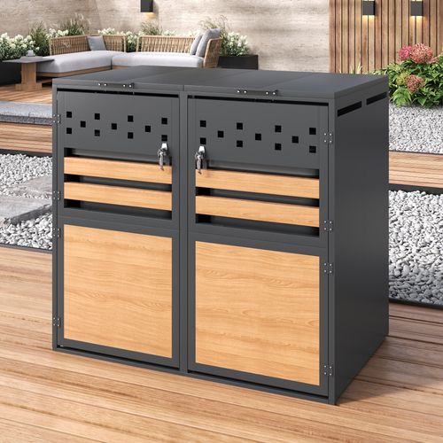 Coffre Poubelles 2 Bacs, 2 Compartiments, Couvercle Hydraulique Verrouillable, Acier, Gris Et Bois