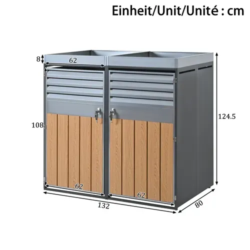 Coffre Cache Poubelles Extérieur 132x80x124.5cm, 2 Portes Verrouillables, Acier Galvanisé, Gris+bois