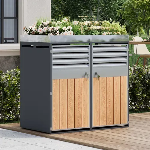 Coffre Cache Poubelles Extérieur 132x80x124.5cm, 2 Portes Verrouillables, Acier Galvanisé, Gris+bois