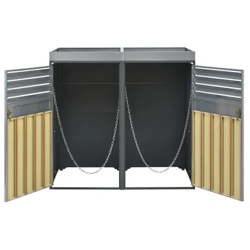 Coffre Cache Poubelles Extérieur 132x80x124.5cm, 2 Portes Verrouillables, Acier Galvanisé, Gris+bois