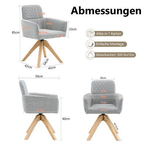 Lot De 2 Chaises Pivotantes 360, H85 Cm, Assise Confortable, Tissu Gris Clair, Bois