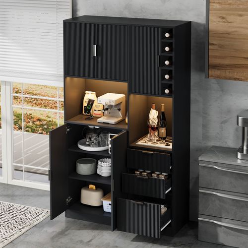 Buffet De Cuisine 105x40x180 Cm, Rangements Et Casier À Vin, LED Et Prises, Mdf, Couleur Noir