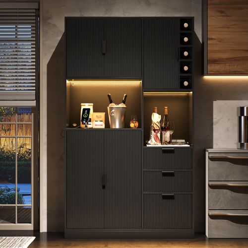 Buffet De Cuisine 105x40x180 Cm, Rangements Et Casier À Vin, LED Et Prises, Mdf, Couleur Noir