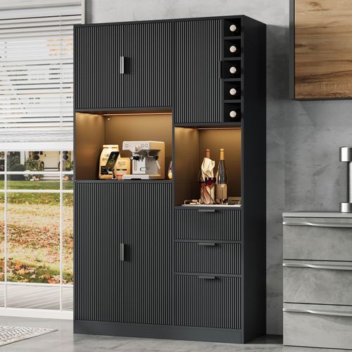 Buffet De Cuisine 105x40x180 Cm, Rangements Et Casier À Vin, LED Et Prises, Mdf, Couleur Noir