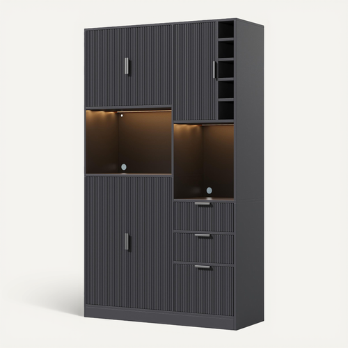 Buffet De Cuisine 105x40x180 Cm, Rangements Et Casier À Vin, LED Et Prises, Mdf, Couleur Noir