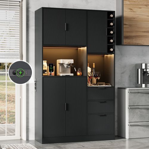 Buffet De Cuisine 105x40x180 Cm, Rangements Et Casier À Vin, LED Et Prises, Mdf, Couleur Noir