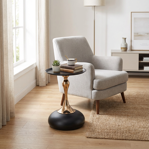 Table D'appoint Ronde 38 Cm, Design Compact Pour Petits Espaces, Acier Carbone, Noir Et Or
