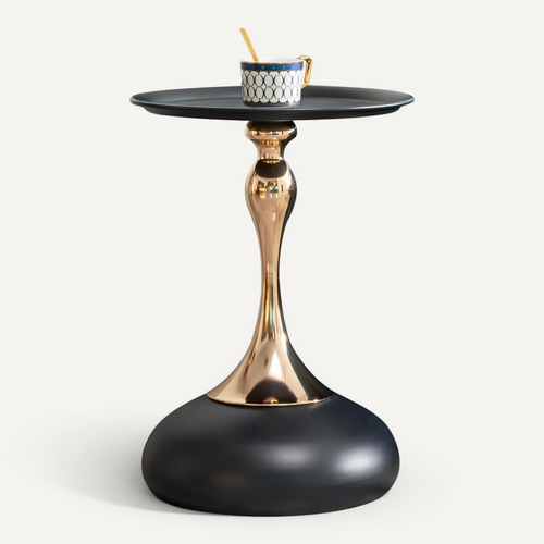 Table D'appoint Ronde 38 Cm, Design Compact Pour Petits Espaces, Acier Carbone, Noir Et Or