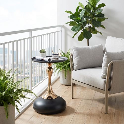 Table D'appoint Ronde 38 Cm, Design Compact Pour Petits Espaces, Acier Carbone, Noir Et Or