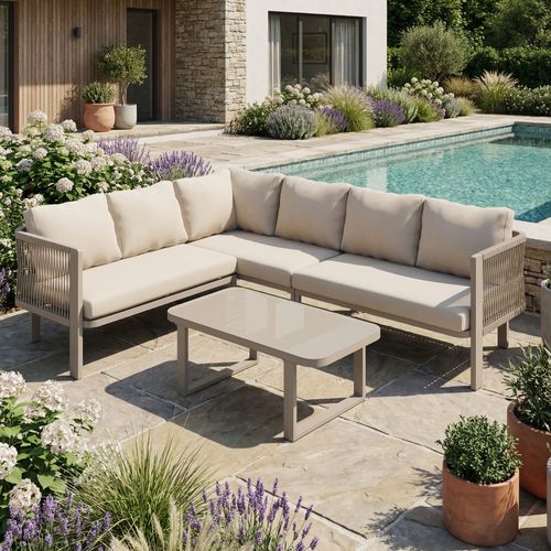 Salon De Jardin 6 Places, Canapé D Angle Avec Table En Verre, Acier Et Polyester, Coloris Kaki