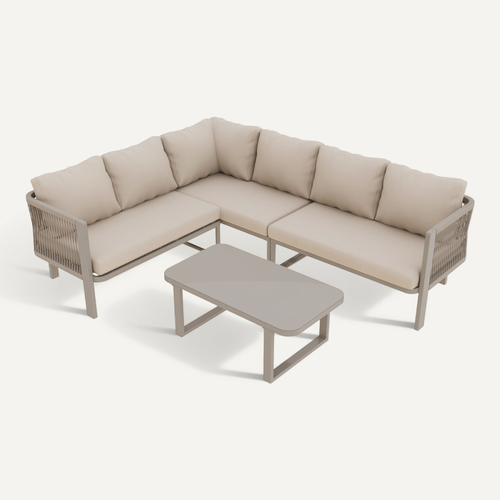 Salon De Jardin 6 Places, Canapé D Angle Avec Table En Verre, Acier Et Polyester, Coloris Kaki