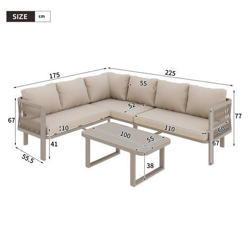Salon De Jardin 6 Places, Canapé D Angle Avec Table En Verre, Acier Et Polyester, Coloris Kaki