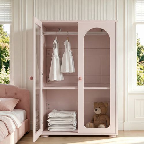 Armoire 2 Portes 80x50x120 Cm, étagères Réglables, Penderie, Mdf Et Acrylique, Rose Bébé