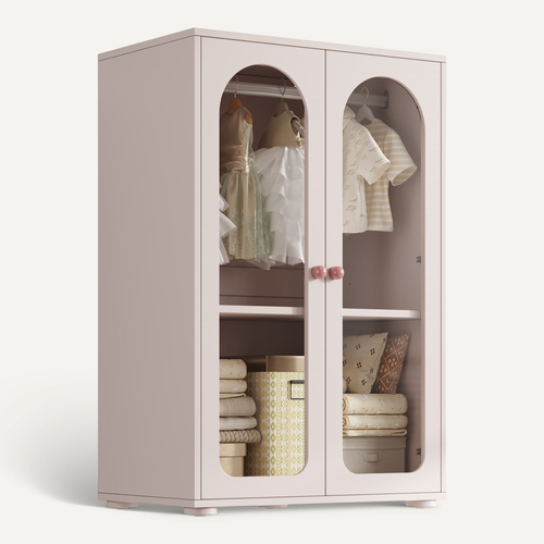 Armoire 2 Portes 80x50x120 Cm, étagères Réglables, Penderie, Mdf Et Acrylique, Rose Bébé