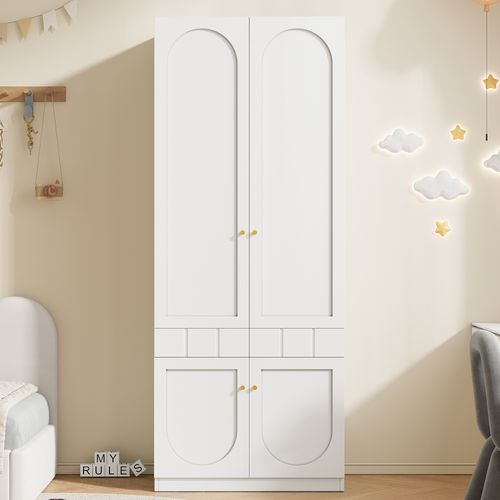 Armoire 2 Portes 80x50x200 Cm, Penderie Et 2 Tiroirs À Pression, Mdf Laqué, Couleur Blanc