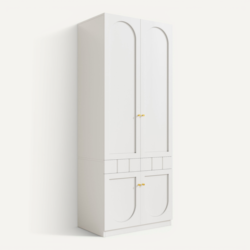 Armoire 2 Portes 80x50x200 Cm, Penderie Et 2 Tiroirs À Pression, Mdf Laqué, Couleur Blanc