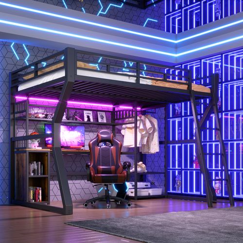 Lit Mezzanine 140x200 Cm, Avec Bureau Et Rangement, Métal Et Mdf, Noir, LED Et Prise Intégrées