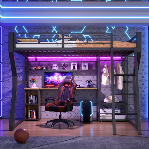 Lit Mezzanine 140x200 Cm, Avec Bureau Et Rangement, Métal Et Mdf, Noir, LED Et Prise Intégrées
