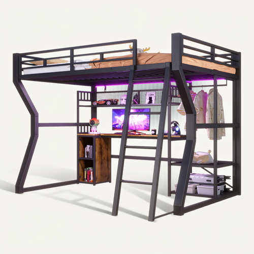 Lit Mezzanine 140x200 Cm, Avec Bureau Et Rangement, Métal Et Mdf, Noir, LED Et Prise Intégrées