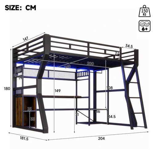 Lit Mezzanine 140x200 Cm, Avec Bureau Et Rangement, Métal Et Mdf, Noir, LED Et Prise Intégrées